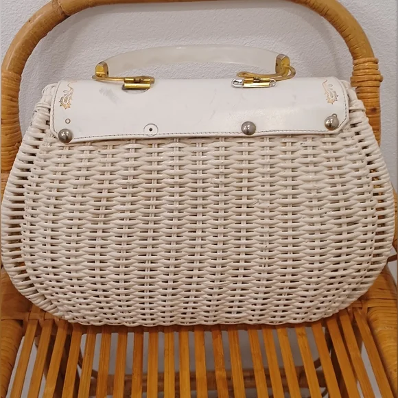 Gladys Golden Italian Vintage White Wicker Bag W/ Plaid Interior - Picture 8 of 15